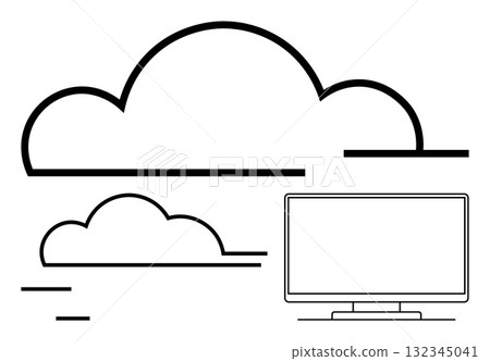 Large cloud, small cloud, and computer monitor in minimalistic line art. Ideal for technology, cloud storage, data management, online services, computing digital assets web hosting. Line metaphor Large cloud, small cloud, and computer monitor in minimalistic line art. Ideal for technology, cloud storage, data management, online services, computing digital assets web hosting. Line metaphor 132345041