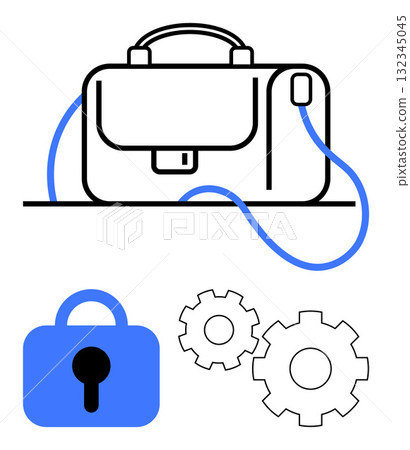 Business briefcase with blue handle, lock, and connected gear symbols depicting security and workflow efficiency. Ideal for business, security, technology, workflow management, corporate settings Business briefcase with blue handle, lock, and connected gear symbols depicting security and workflow efficiency. Ideal for business, security, technology, workflow management, corporate settings 132345045