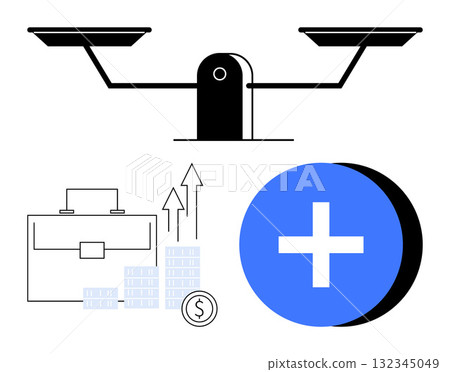 Balance scale, briefcase with financial growth symbols, and blue plus icon. Ideal for business, finance, career growth, investments, healthcare work-life balance and productivity themes. Line Balance scale, briefcase with financial growth symbols, and blue plus icon. Ideal for business, finance, career growth, investments, healthcare work-life balance and productivity themes. Line 132345049