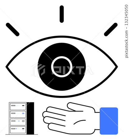 Large eye symbol with radiant lines, server rack, and hand below. Ideal for surveillance, security, data management, tech support, IT infrastructure monitoring protection. Line metaphor Large eye symbol with radiant lines, server rack, and hand below. Ideal for surveillance, security, data management, tech support, IT infrastructure monitoring protection. Line metaphor 132345050