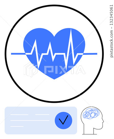 Blue heart with heartbeat line, checkmark inside a circle, and brain outline. Ideal for health, medical, wellness, mental health, cardiology healthcare diagnostic applications. Line metaphor 132345061