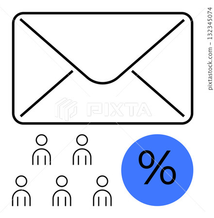 Large envelope, five user icons, blue circle with percentage sign. Ideal for email marketing, discount strategies, audience targeting, digital communication, promotional campaigns, newsletters Large envelope, five user icons, blue circle with percentage sign. Ideal for email marketing, discount strategies, audience targeting, digital communication, promotional campaigns, newsletters 132345074
