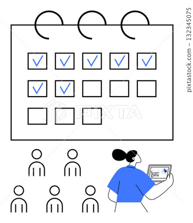 Large calendar with checkmarks, person with blue shirt holding a laptop, multiple outline figures. Ideal for organization, scheduling, planning, teamwork, time management, productivity, meetings Large calendar with checkmarks, person with blue shirt holding a laptop, multiple outline figures. Ideal for organization, scheduling, planning, teamwork, time management, productivity, meetings 132345075