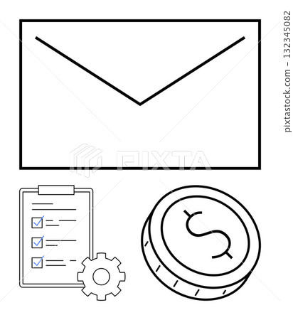 Large envelope, coin with dollar sign, checklist with gear representing tasks. Ideal for financial planning, mail services, task management, productivity, budgeting, business operations 132345082