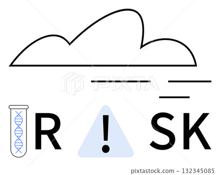 Cloud over RISK text with DNA helix in test tube, exclamation point inside triangle. Ideal for cybersecurity, cloud storage, data protection, laboratory safety, warning signs, healthcare 132345085