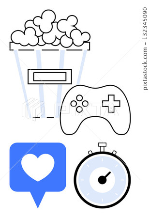 Popcorn bucket gaming controller heart notification stopwatch. Ideal for entertainment, gaming, social media, time management, leisure activities, fun, relaxation. Line metaphor 132345090