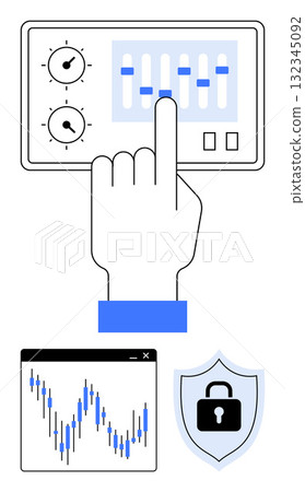 Hand operating sliders on a control panel, security shield with lock, financial chart. Ideal for technology management, cybersecurity, finance, data analysis, software control, security protocols 132345092