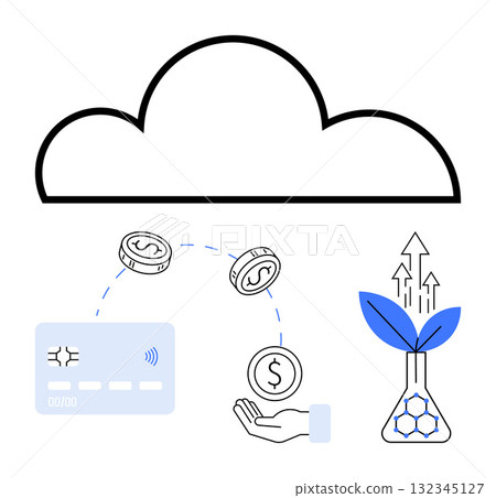 Cloud symbol above contactless payment card, hand with coins, and plant growing in a flask. Ideal for fintech, digital banking, mobile payments, financial growth, investment strategies, technology Cloud symbol above contactless payment card, hand with coins, and plant growing in a flask. Ideal for fintech, digital banking, mobile payments, financial growth, investment strategies, technology 132345127