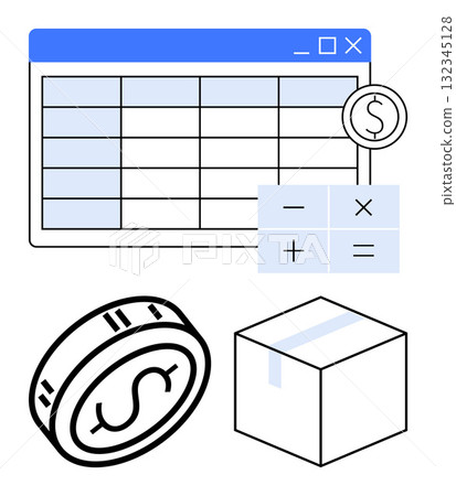 Spreadsheet interface with financial symbols, calculator, coin, and package. Ideal for finance, accounting, e-commerce, business management inventory logistics data analysis. Line metaphor Spreadsheet interface with financial symbols, calculator, coin, and package. Ideal for finance, accounting, e-commerce, business management inventory logistics data analysis. Line metaphor 132345128