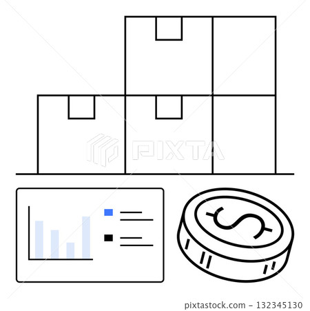 Warehouse boxes stacked, financial chart with bar graphs, and a dollar coin. Ideal for business finance, inventory management, supply chain, logistics, e-commerce, data analysis and economic growth Warehouse boxes stacked, financial chart with bar graphs, and a dollar coin. Ideal for business finance, inventory management, supply chain, logistics, e-commerce, data analysis and economic growth 132345130