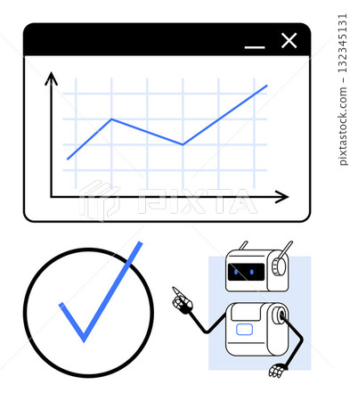 Graph showing upward trend large checkmark, and a robot pointing. Ideal for success, achievement, progress, business growth, technology, future, and innovation themes. Line metaphor Graph showing upward trend large checkmark, and a robot pointing. Ideal for success, achievement, progress, business growth, technology, future, and innovation themes. Line metaphor 132345131