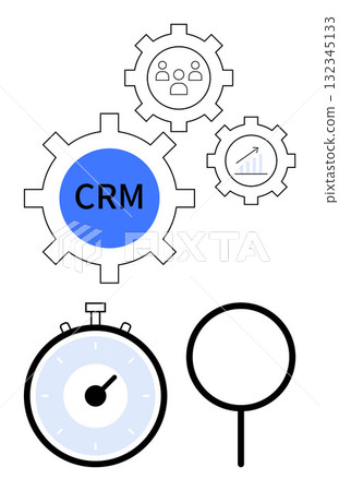 Gear symbols with CRM user icons charts stopwatch and magnifying glass. Ideal for business, management, analysis, productivity, efficiency, time management, optimization. Line metaphor 132345133