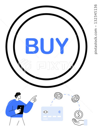Large Buy button centered in black circle, with a man pointing to credit card, handing over money. Ideal for e-commerce, digital currency, online payments, financial technology, marketing, user 132345136