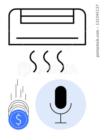 Air conditioner releasing cool air, stack of coins with dollar sign suggesting cost savings, microphone symbol indicating voice control. Ideal for smart homes, HVAC, energy saving, cost efficiency 132345137