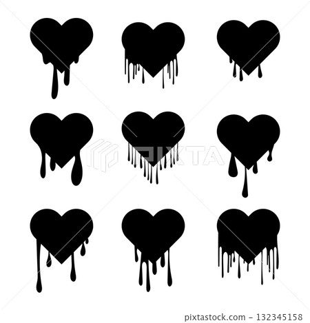 Set of Dripping Heart Silhouettes Vector Illustration. Perfect for logos, stickers, gothic art, romantic designs or Valentines Day with a dark or alternative aesthetic. 132345158