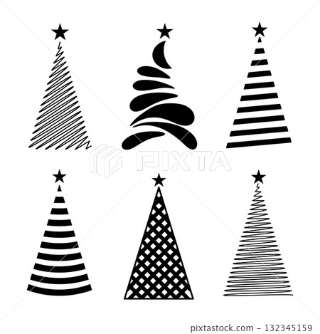 Minimalist Christmas Tree Set. Modern Black Silhouette Vector Collection. Perfect for holiday cards, posters, web design, gift tags, wrapping paper and festive branding projects. Minimalist Christmas Tree Set. Modern Black Silhouette Vector Collection. Perfect for holiday cards, posters, web design, gift tags, wrapping paper and festive branding projects. 132345159