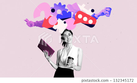 Creative digital artwork. Smiling woman with laptop and coffee symbolizing mental balance in digital work life Creative digital artwork. Smiling woman with laptop and coffee symbolizing mental balance in digital work life 132345172