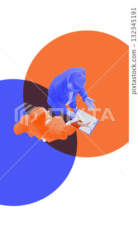 Collage art. Business colleagues discussing project plan on clipboard symbolizing communication and decision making Collage art. Business colleagues discussing project plan on clipboard symbolizing communication and decision making 132345191