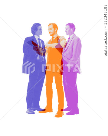 Collage of three businessmen discussing project details representing strategy and corporate leadership Collage of three businessmen discussing project details representing strategy and corporate leadership 132345195