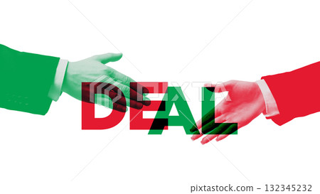 Bold colorful poster. Handshake with DEAL text symbolizing successful business agreement and negotiation 132345232