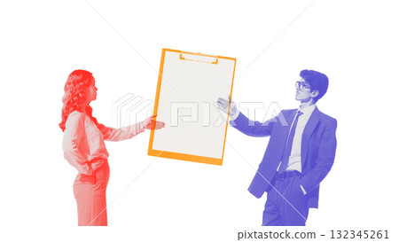Creative digital artwork. Business colleagues presenting blank clipboard 132345261