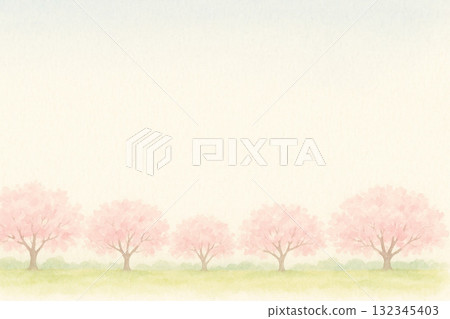 櫻花系列：日式背景，遠處地平線上盛開著櫻花樹 132345403