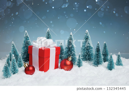 Miniature sleigh with holiday ornaments, Seasonal display of festive gift on snowy miniature sleigh 132345445
