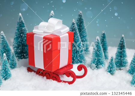 Festive winter display, Seasonal winter setting showcasing tiny gifts against snowcovered backdrop 132345446