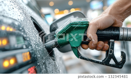 被雨水浸濕的車身和手中握著的燃油噴嘴的特寫。 132345481