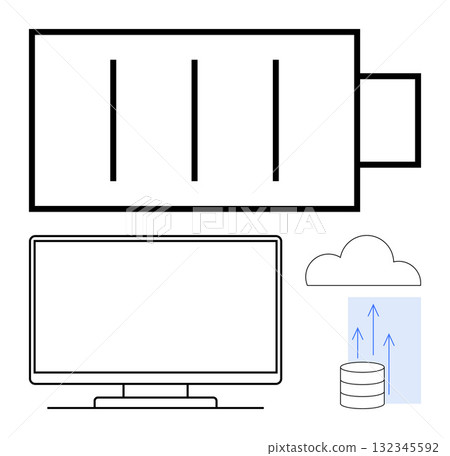 Battery with partial charge, computer monitor, cloud with data storage and upload arrows. Ideal for tech, energy management, data visualization, digital storage, cloud technology, online services 132345592