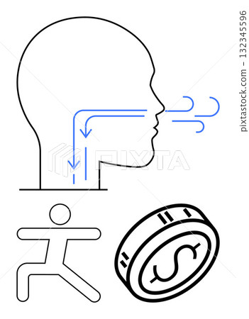 Human head illustrating breathing, figure performing physical activity, dollar coin. Ideal for health, fitness, wellness, mindfulness, finance balance stress relief concepts. Line metaphor Human head illustrating breathing, figure performing physical activity, dollar coin. Ideal for health, fitness, wellness, mindfulness, finance balance stress relief concepts. Line metaphor 132345596