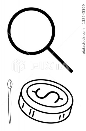 Magnifying glass, paintbrush, and coin with a dollar sign represent discovery, creativity, and finance. Ideal for educational, financial, creative industries, marketing innovation commerce 132345599