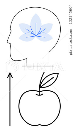 Head with floral mind arrow rising towards an apple. Ideal for mindfulness, growth, creativity, clarity, nature, balance, inspiration. Line metaphor Head with floral mind arrow rising towards an apple. Ideal for mindfulness, growth, creativity, clarity, nature, balance, inspiration. Line metaphor 132345604