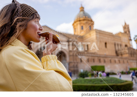 Tasting Sicilian Cannolo by Palermo Cathedral Tasting Sicilian Cannolo by Palermo Cathedral 132345605