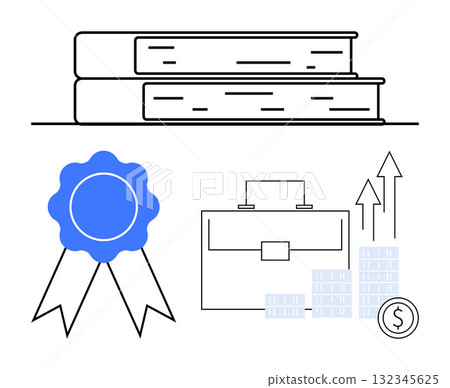 Stacked books, award ribbon, briefcase, and financial growth symbols. Ideal for education, business success, financial growth, career development, achievement recognition professional excellence Stacked books, award ribbon, briefcase, and financial growth symbols. Ideal for education, business success, financial growth, career development, achievement recognition professional excellence 132345625