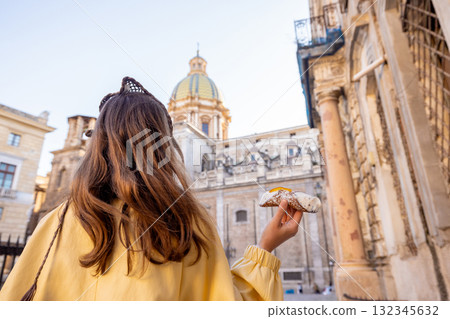 Happy Tourist with Sicilian Cannolo 132345632