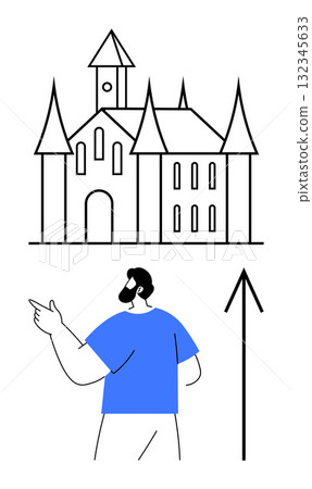 Man pointing towards a castle with a large arrow beside him. Ideal for travel, guidance, fantasy, tourism, historical themes, navigation, educational purposes. Line metaphor 132345633