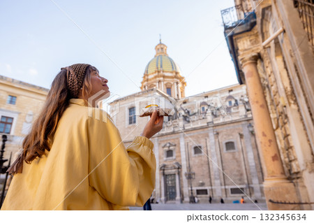 Happy Tourist with Sicilian Cannolo Happy Tourist with Sicilian Cannolo 132345634
