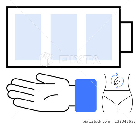 Hand with a blue wristband, battery icon, and waistline with arrows symbolizing energy renewal and health. Ideal for wellness, energy management, fitness, wearables, technology, health monitoring 132345653