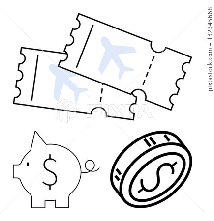 Piggy bank icon, two flight tickets, and a coin representing saving money for travel. Ideal for financial planning, budgeting, vacation savings, financial education, investment, travel planning Piggy bank icon, two flight tickets, and a coin representing saving money for travel. Ideal for financial planning, budgeting, vacation savings, financial education, investment, travel planning 132345668
