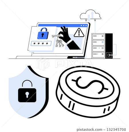 Laptop screen showing security breach warning, padlock, and key, shield with padlock, coin. Ideal for cybersecurity, data protection, online security, financial security cloud storage privacy Laptop screen showing security breach warning, padlock, and key, shield with padlock, coin. Ideal for cybersecurity, data protection, online security, financial security cloud storage privacy 132345708