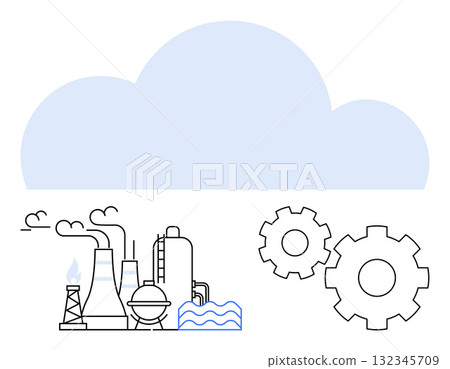 Industrial factory with chimneys and machinery emitting smoke, gear wheels in the foreground, and a cloud. Ideal for industry, automation, technology, manufacturing, cloud computing, integration 132345709