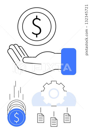 Hand holding coin with dollar sign, multiple falling coins, gear inside cloud, linked documents. Ideal for finance, investments, cloud computing, data management, automation digital transactions 132345721