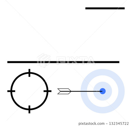 Arrow hitting the bullseye of a target with crosshair sight and straight lines. Ideal for precision, goal setting, accuracy, focus, success strategies, target setting, and achievement. Line metaphor 132345722