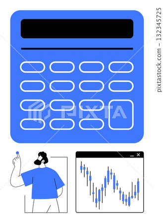Large blue calculator with representative buttons, person pointing at a graph, and financial chart. Ideal for finance, accounting, budgeting, trading, statistics econometrics and analysis. Line Large blue calculator with representative buttons, person pointing at a graph, and financial chart. Ideal for finance, accounting, budgeting, trading, statistics econometrics and analysis. Line 132345725