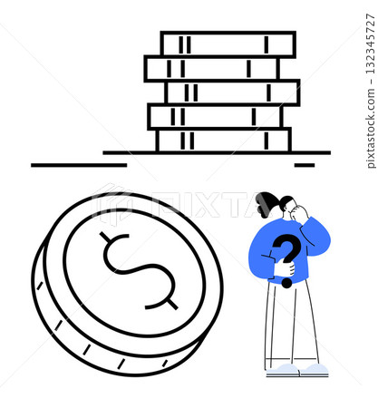 Person holding question mark, contemplating coin with dollar sign, next to stack of books. Ideal for financial planning, education, investment choices, money management, budgeting, saving personal Person holding question mark, contemplating coin with dollar sign, next to stack of books. Ideal for financial planning, education, investment choices, money management, budgeting, saving personal 132345727