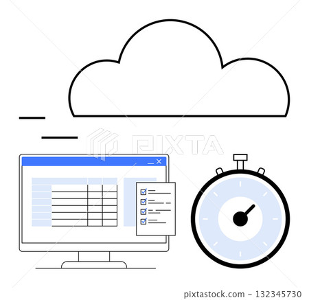 Computer screen with a spreadsheet and checklist, stopwatch, and cloud symbol. Ideal for concepts of productivity, efficiency, cloud storage, online organization, time management, task tracking 132345730