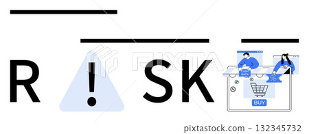 Alert symbol integrated with the word RISK and two users engaging with an e-commerce interface. Ideal for e-commerce, cybersecurity, risk management, online transactions, consumer protection, digital Alert symbol integrated with the word RISK and two users engaging with an e-commerce interface. Ideal for e-commerce, cybersecurity, risk management, online transactions, consumer protection, digital 132345732