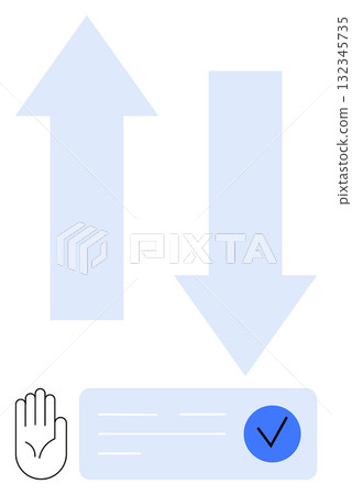 Up and down arrows, stop hand symbol, and a checkmark indicate decision-making and direction. Ideal for workflow processes, approvals, navigation, choices, permissions, prioritization 132345735