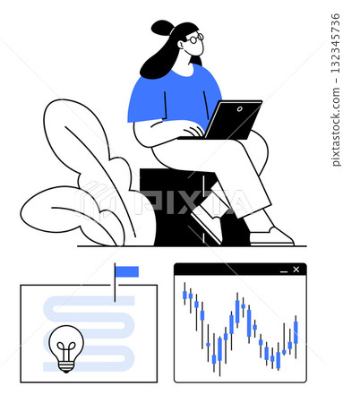 Woman sitting with laptop, analyzing data, next to lightbulb and graph. Ideal for data analysis, innovation, productivity, remote work, technology education strategic planning. Line metaphor Woman sitting with laptop, analyzing data, next to lightbulb and graph. Ideal for data analysis, innovation, productivity, remote work, technology education strategic planning. Line metaphor 132345736